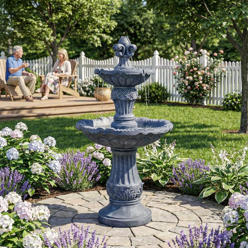 Vbal 2 Tier European Style Carved Outdoor Water Fountain with ETL Certified Auto Shutoff
