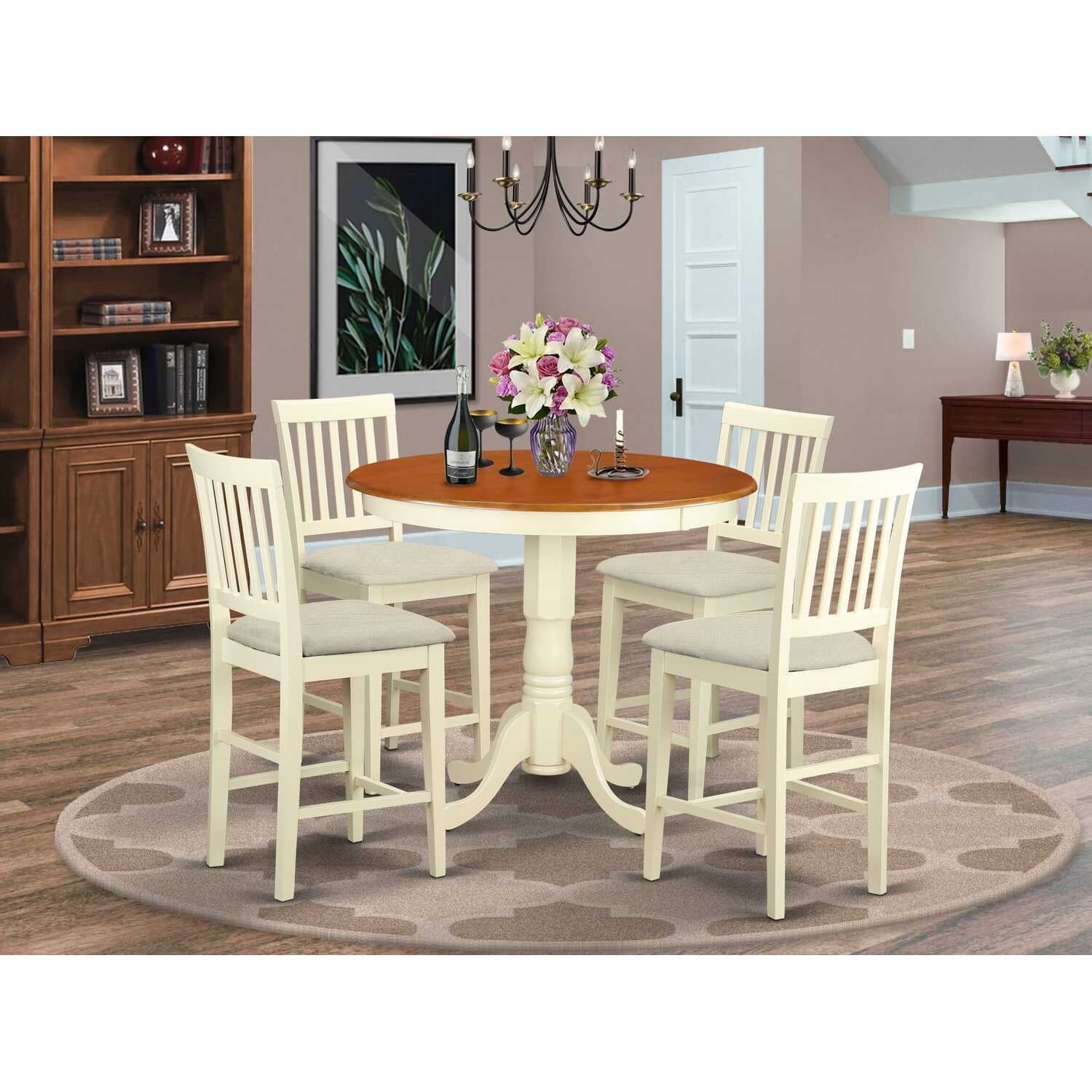 Glam Counter Height Dining Set - 5 Piece Modern Kitchen Table & Chairs - Brown, White, Linen