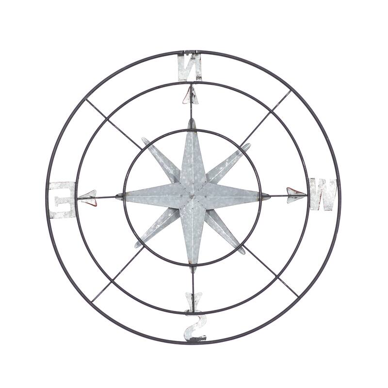 Gray Metal Indoor Outdoor Compass Home Wall Decor with Distressed Copper Like Finish