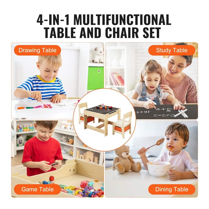 Kids Table and Chair Set, Wooden Activity Table with Storage Space and Boxes