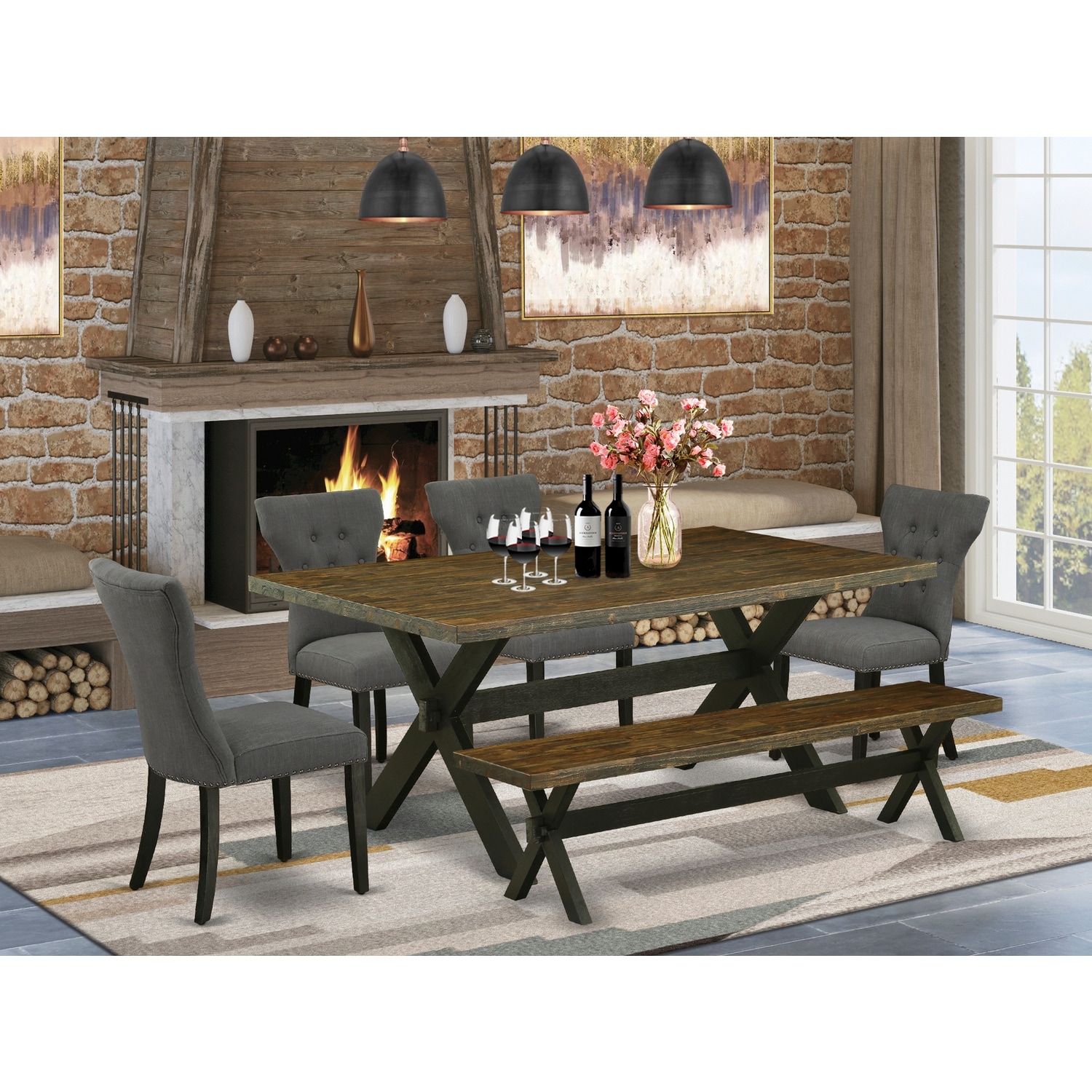 Mid Century Dining Set - 6 Piece Table & Chair Set with Bench - Kitchen Table Set - Dark Grey Linen Fabric Chairs