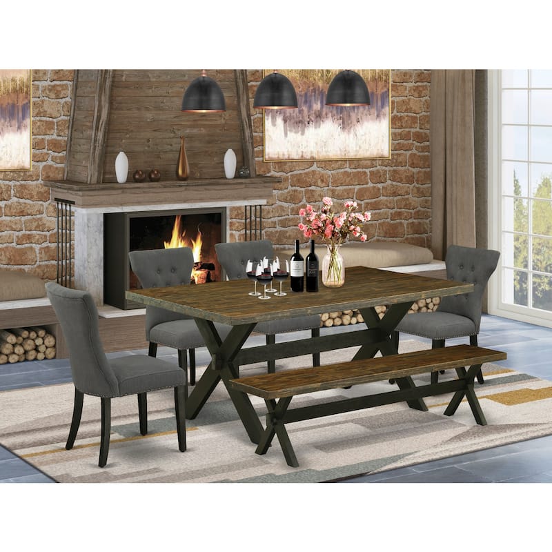 Mid Century Dining Set - 6 Piece Table & Chair Set with Bench - Kitchen Table Set - Dark Grey Linen Fabric Chairs