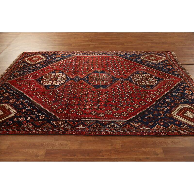Hand Knotted Oriental 100% Wool Carpet Traditional Geometric Red Shiraz Area Rug - 8' 7'' X 5' 8''