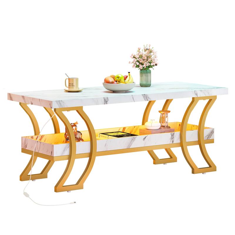Moasis Modern Marbling Coffee Table 2-Tier Center Table with LED Lights - White