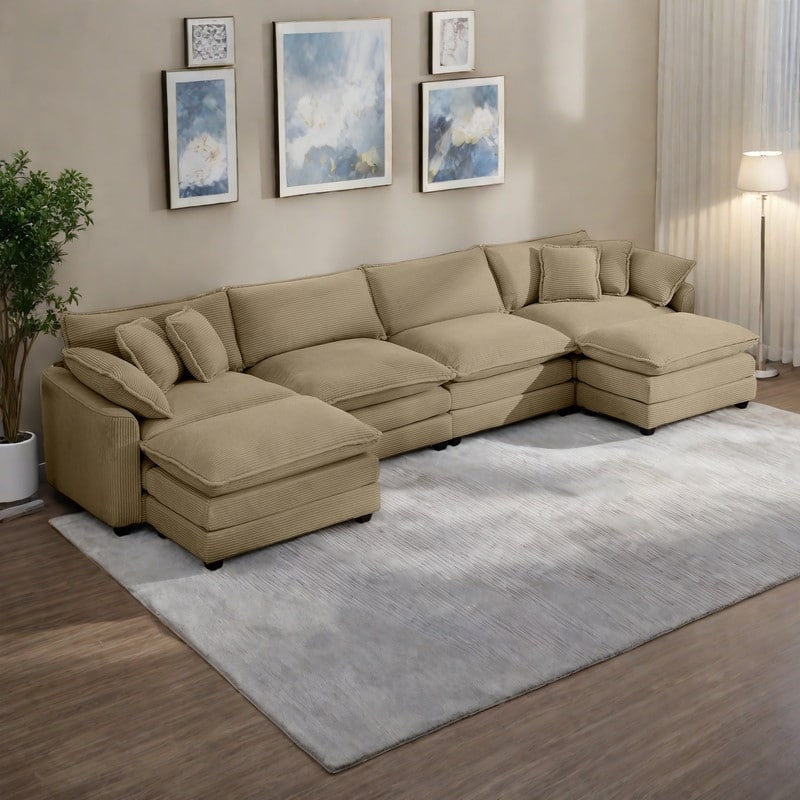 149.6" 4-Seat Corduroy Sofa Set with 3 Footstools, 2 Arm Pillows and 4 Throw Pillows