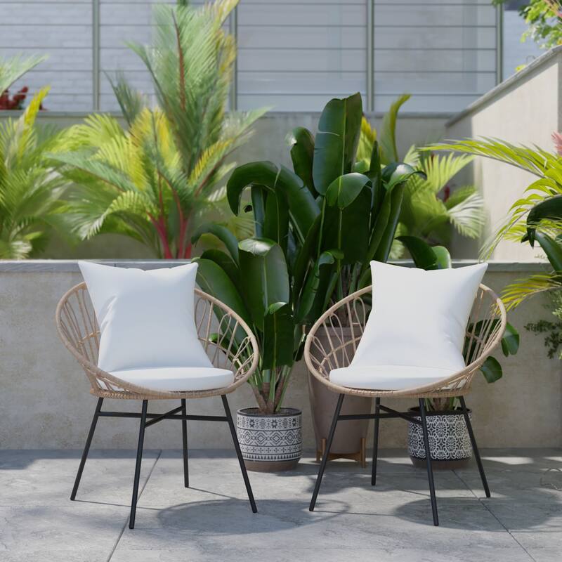 Indoor/Outdoor Boho Rattan Rope Chairs with Back & Seat Cushions - Tan/Light Gray