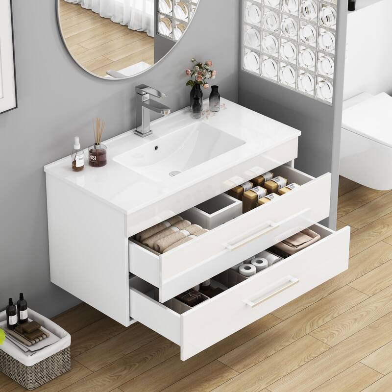 36-Inch White Gloss Wall-Mounted Bathroom Vanity with Double Drawers, Soft-Close System,Ceramic Sink,Long Metal Handle