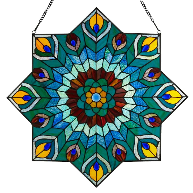 River of Goods 24-inch Tiffany-style Stained Glass Peacock Star Window Panel - 24"L x 0.25"W x 24"H