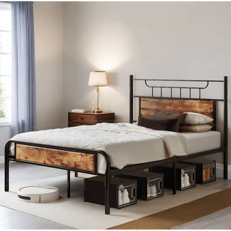 Industrial Wood Bed Frame with Headboard - Rustic Brown - Full