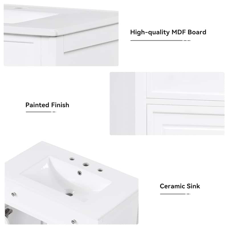 Modern 30-Inch Bathroom Vanity Cabinet with Ceramic Sink, 2 Drawers, and Door Shelf, White