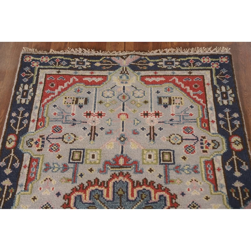 Grey Geometric Kazak Indian Rug Handmade Wool Carpet - 3'0"x 4'10"