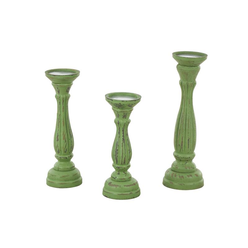 Wooden Distressed Turned Decorative Candle Holder - Set of 3 Gray, Brown, Blue, Green - Roche River Decor