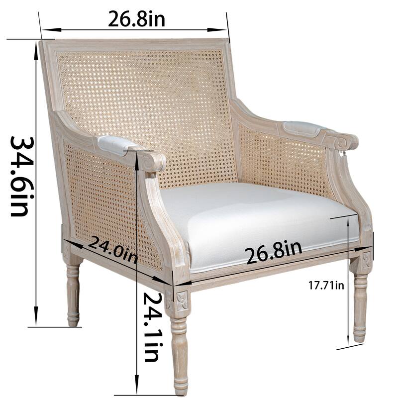 GDFStudio - Classic French Traditional Cotton Linen Upholstered Accent Armchair with Rattan Backrest & Contoured Armrests