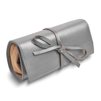 Curata Silver Leather Tie Jewelry Roll with Removable Zippered Pouch