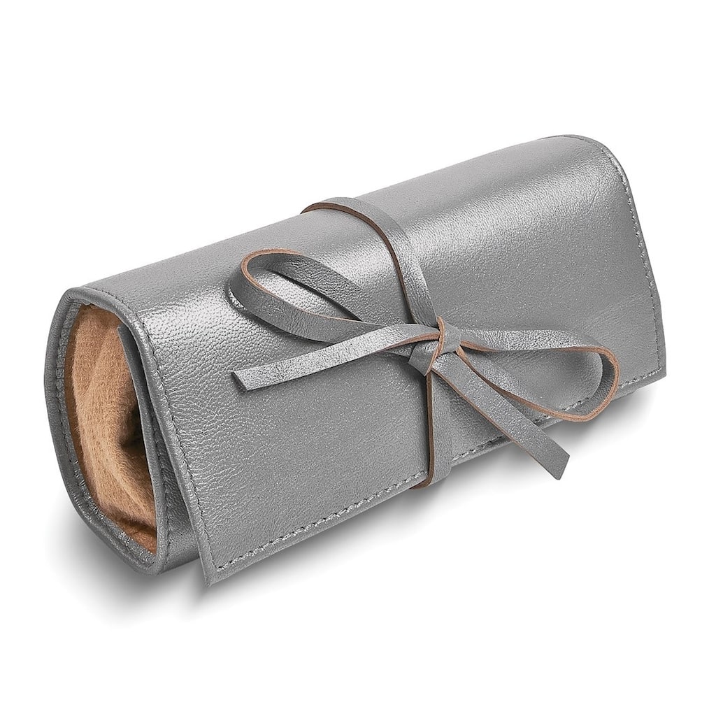 Curata Silver Leather Tie Jewelry Roll with Removable Zippered Pouch