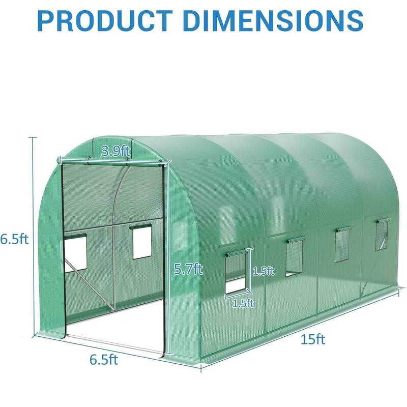 15x6.5x6.5FT Outdoor Walk-in Tunnel Greenhouse with 8 Ventilated Mesh Windows & Roll-Up Door