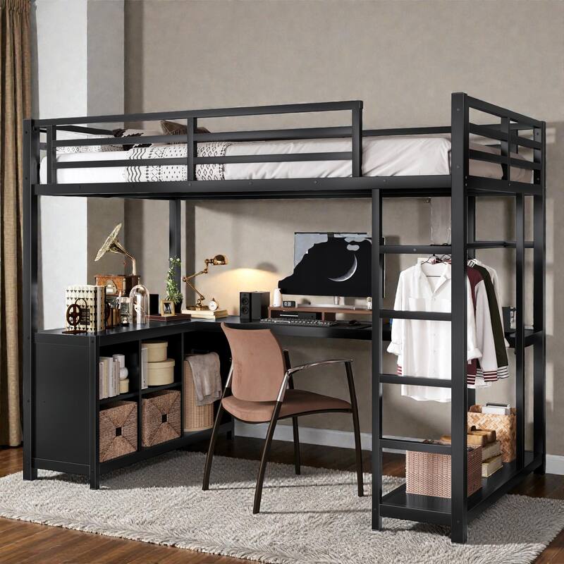 Twin XL Metal Loft Bed with Wardrobe and L-Shaped Desk, Storage Shelves and Cubes, Space-Saving Loft Bed for Kids Teens Adults