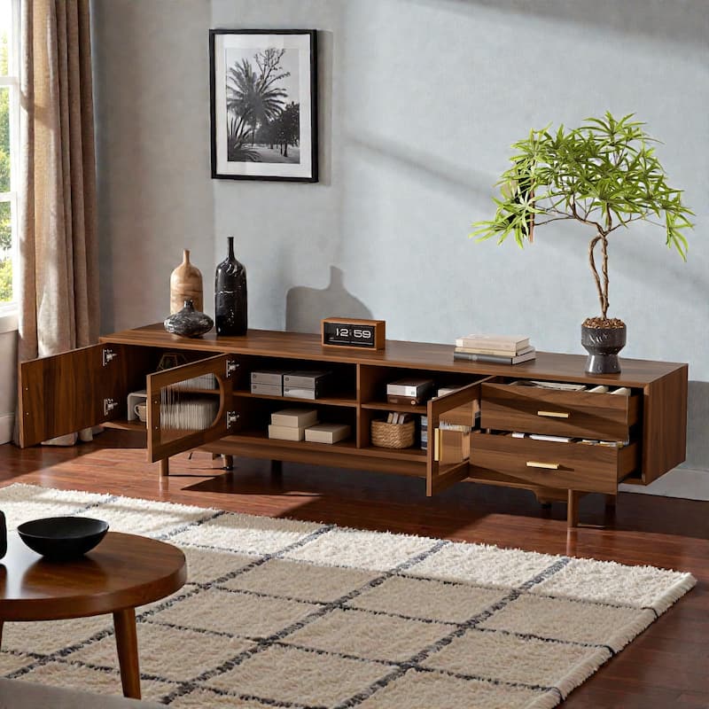 78" Modern TV Stand for TVs Up to 85", Fluted Glass Door Entertainment Center with Solid Wood Legs & Drawers