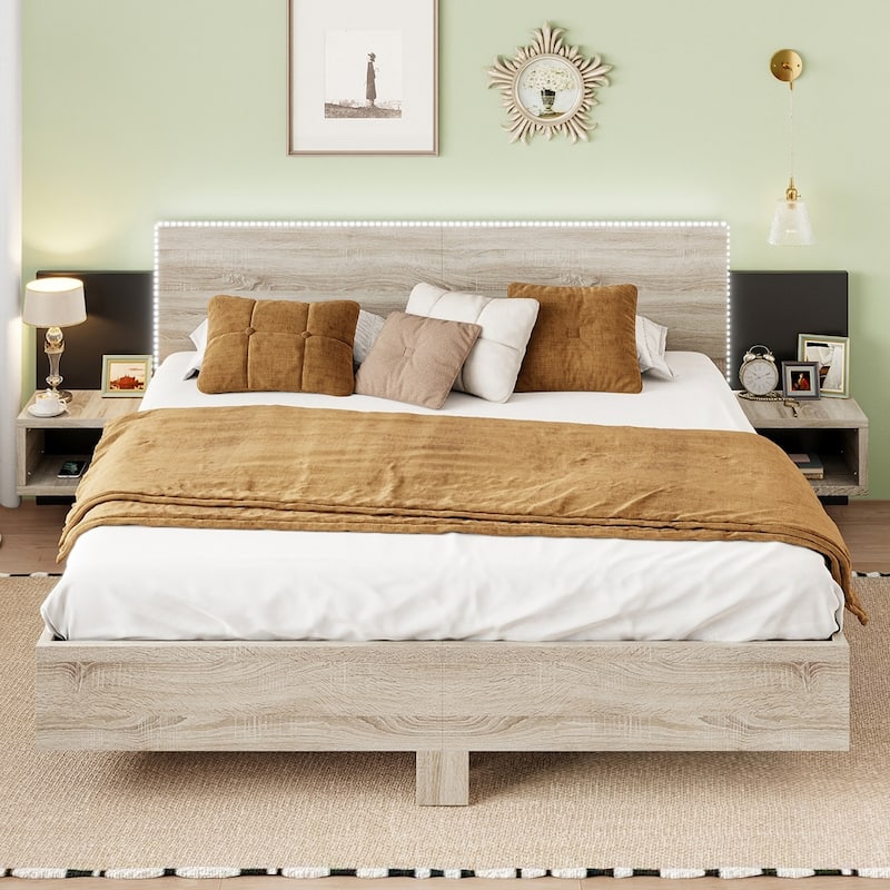 Wooden Floating Platform Bed, with LED Lights and Bedside Nightstand