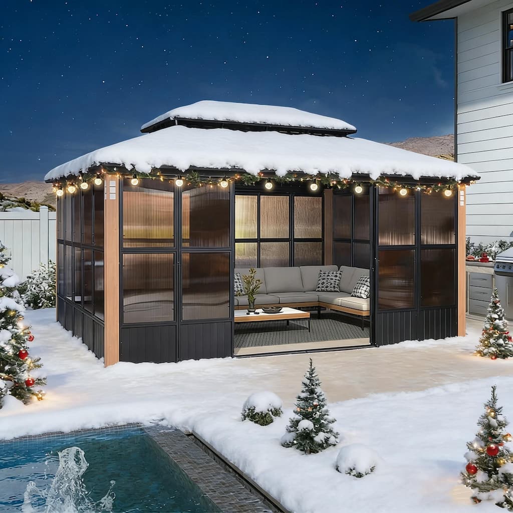 PURPLE LEAF Double Top Outdoor Sunroom Screen House Patio Hardtop Gazebo