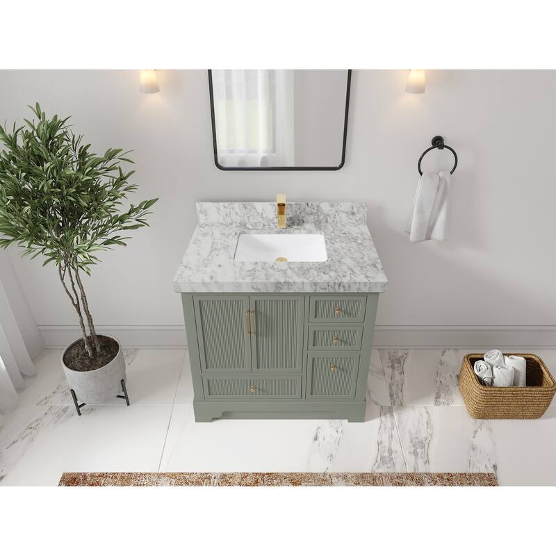 Willow Collections 36 in. W x 22 in. D Alys Center Sink Left Bathroom Vanity with Countertop - 2"Carrara Marble - Evergreen