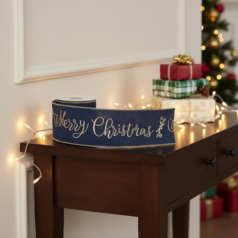 HomeRoots 4" Midnight And Gold Polyester Embroidered Merry Christmas Wired Ribbon - Velvet - Gold/Blue