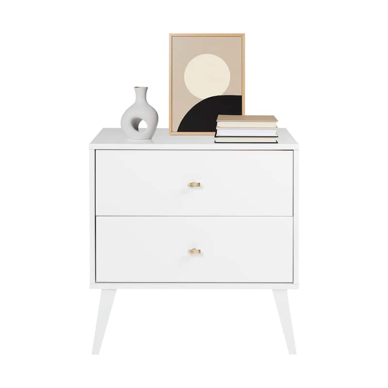 Prepac Milo Mid-Century Modern 2 Drawer Nightstand, Bedside Table, Contemporary Bedroom Furniture - White
