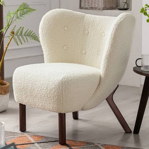 Modern Accent Chair Lambskin Sherpa Wingback Tufted Side Chair with Solid Wood Legs