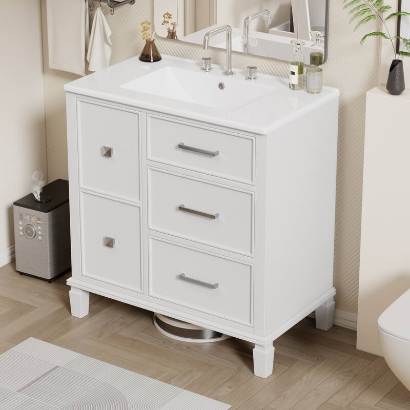 30" Bathroom Vanity with Ceramic Sink, Flip-Out Drawer, Soft Close Doors & Drawers Cabinet with Solid Wood Legs