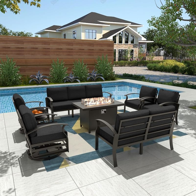 Aluminum Patio Furniture Set with FirePit Ottomans Swivel Chairs,Sectional Sofa with Thick Seat Cushions for Porch Garden