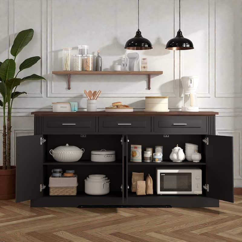 63 Inch Fluted Sideboard Buffet Cabinet with Storage, 4 Doors 3 Drawers Coffee Bar Console for Dining Room
