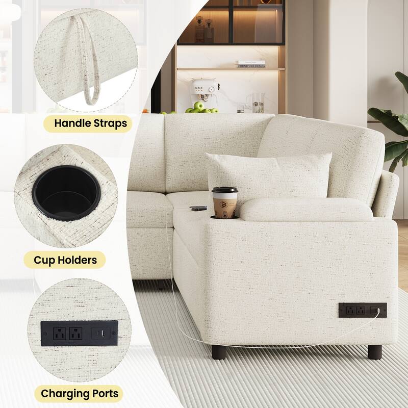 109.9" U-Shaped Convertible Sectional Sofa Bed with Storage Chaise Cup Holders Power Outlets USB Ports Chenille Couch