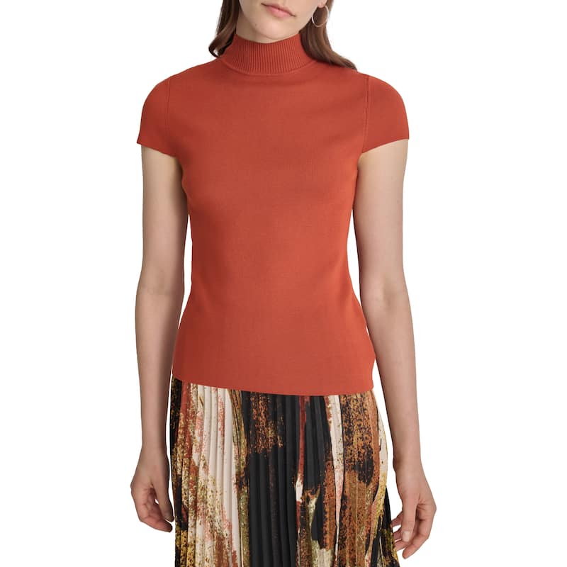 DKNY Cap Sleeve Mock Neck Knit Top - XS - Russet