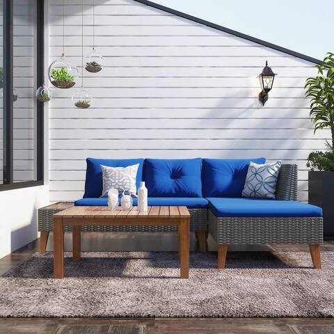 Grey Wicker Outdoor Sectional Sofa Set w/ Blue Cushions