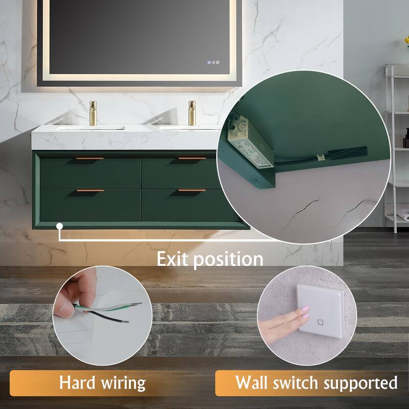36/48/60 Modern LED Floating Bathroom Vanity with Single/Double Sink & Soft-Close Drawers & Waterproof, Green