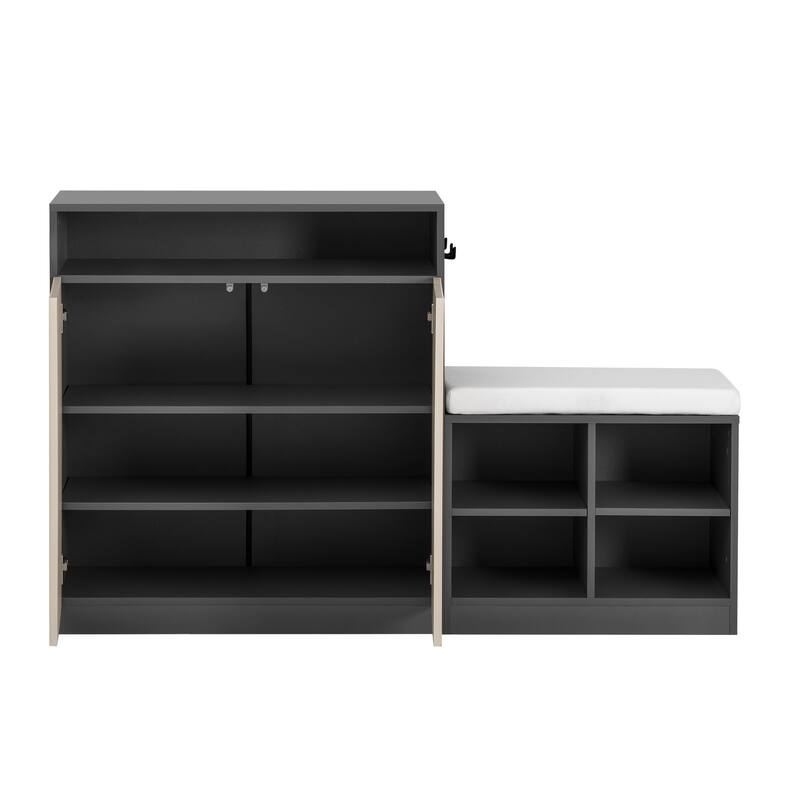 Roomfitters Cabinet with Shoe Bench, Entryway Storage with 4 Open Racks and Removable Cushion, Fluted Accent Organizer