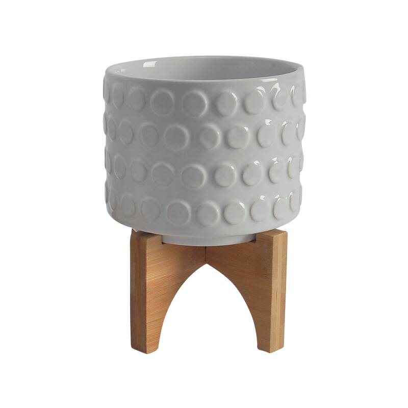 Sagebrook Home Ceramic Planters: Elevate Your Greenery with Stylish Bamboo Wood Stands - Perfect Home Decor Accessory
