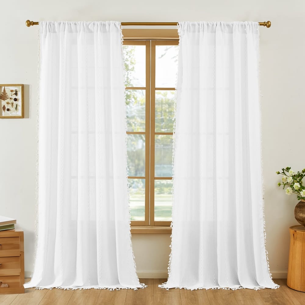 Deconovo Boho Sheer Curtain with Tassels & Embroidery 1 Panel