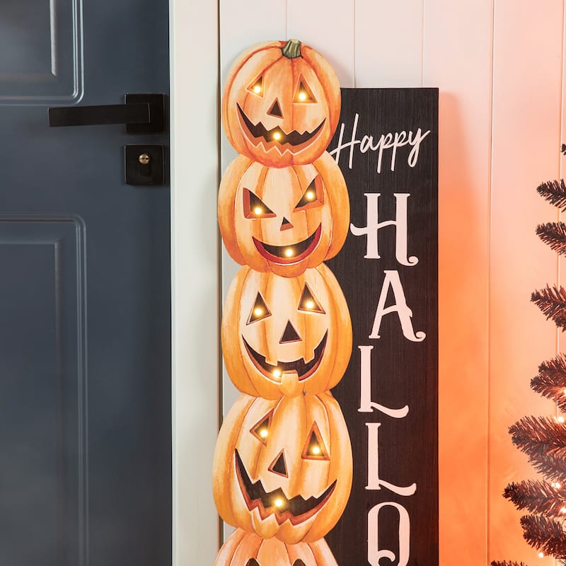Glitzhome 42"H Lighted Halloween Wooden Pumpkins Porch Sign with Timer