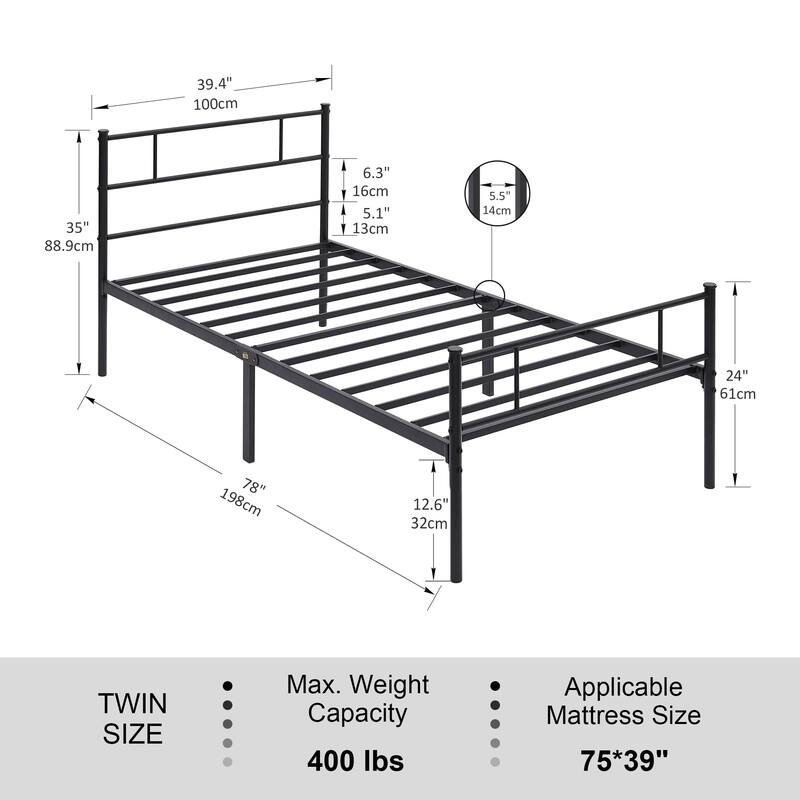 2 Pcs Twin Platform Bed Frame with Headboard and Footboard, No Box Spring Needed