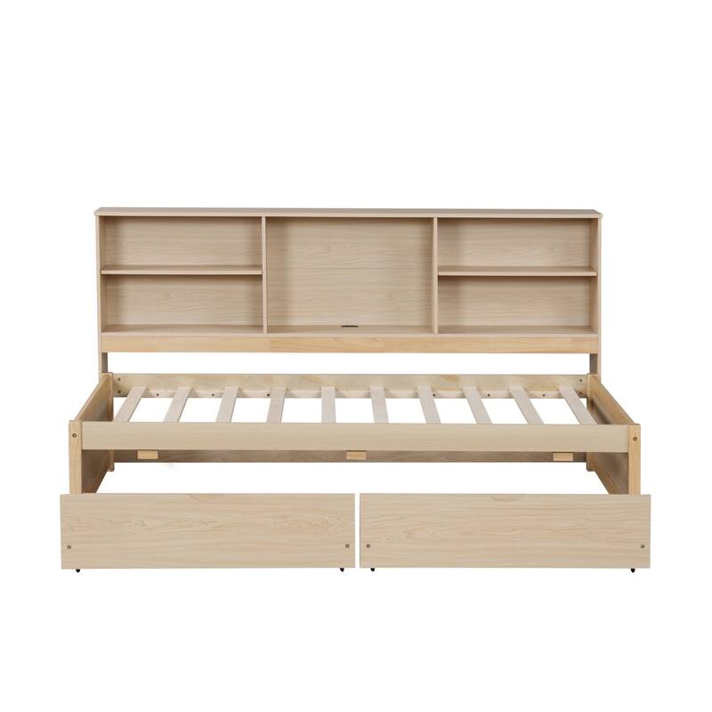 Twin Size Wooden Daybed Frame with Bookshelves, Drawers, USB Port
