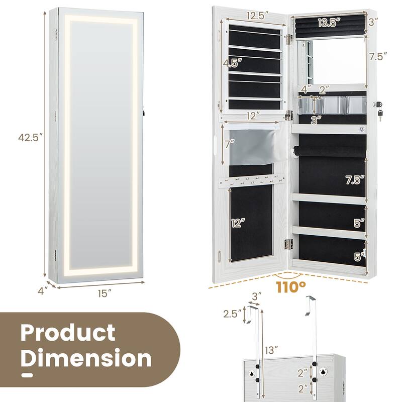 Gymax LED Mirror Jewelry Cabinet Wall/Door Mounted Organizer Armoire