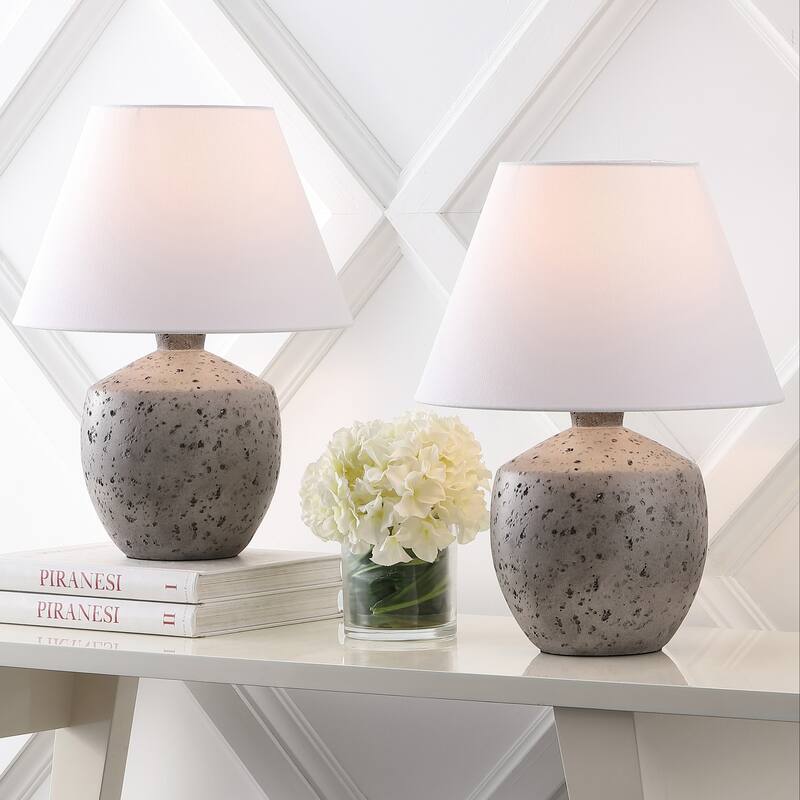 Myron 18" Minimalist Concrete Effect Resin/Iron LED Table Lamp (Set of 2), by JONATHAN Y - Antique Gray