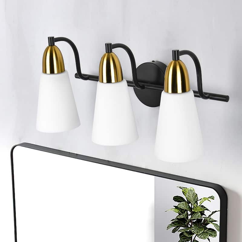 Modern Black Bathroom Vanity Light with Frosted Glass Shades & Gold Accent, Minimalist Wall Sconces - 3-Lights