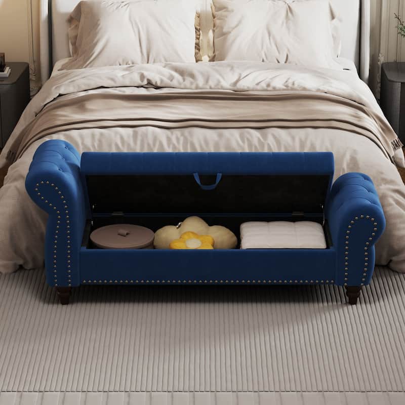 Tufted Upholstery Storage Bench with Nailheads - Navy Blue