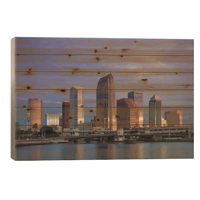 Tampa Skyline From Hillsborough Bay, Dawn Print On Wood by Walter Bibikow - Multi-Color
