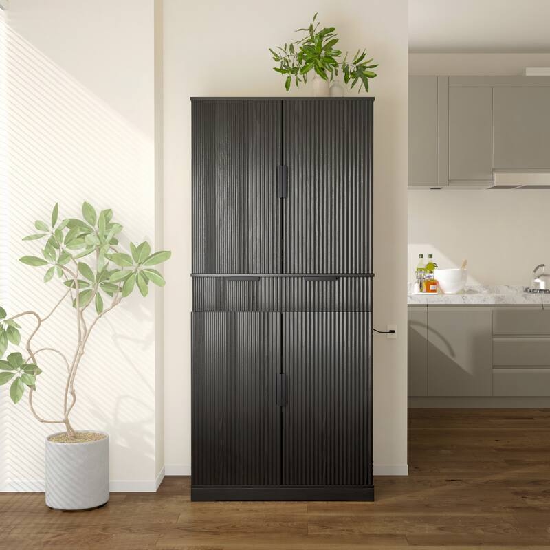 72" Fluted Kitchen Pantry Cabinet with 3 Keyboard Drawers