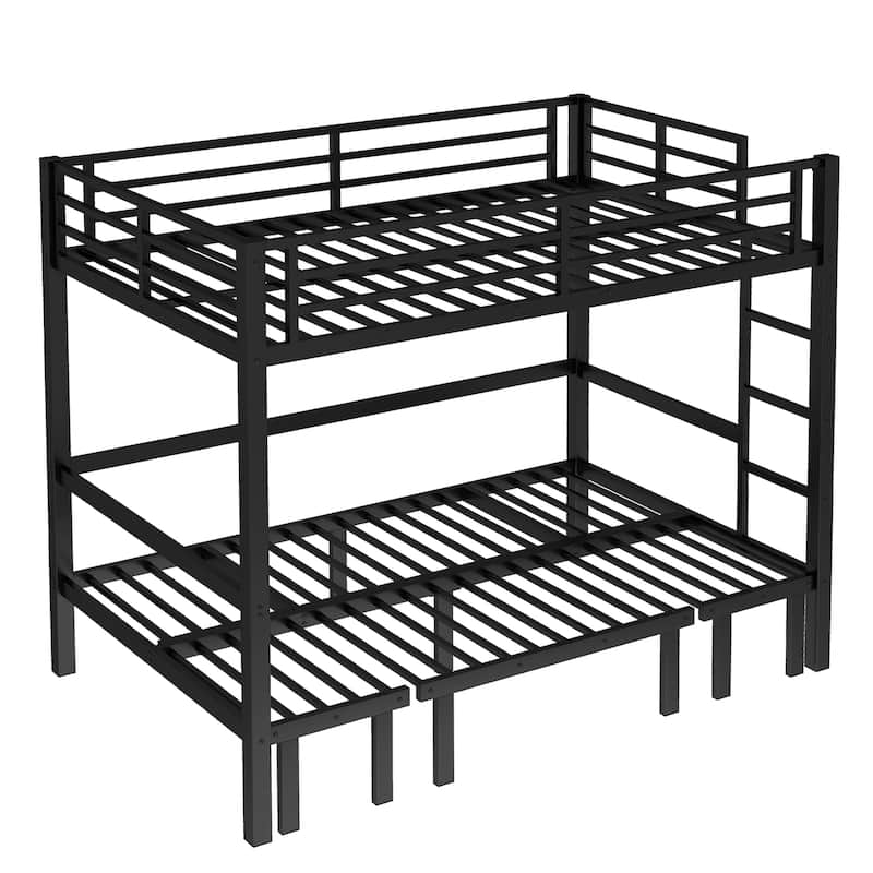 Roomfitters Full/Queen Metal Pull-Out Bunk Bed with 3-Section Expandable Lower Bunk & Safety Rails, Space-Saving Frame, Black