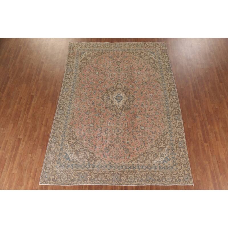 Hand Knotted Oriental 100% Wool Carpet Traditional Floral Pink Mashad Area Rug - 11' 8'' X 8' 4''