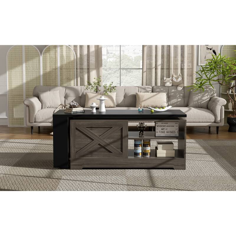 Farmhouse Lift Top Coffee Table With Barn Doors, Wood Rectangle Center Table, With Large Hidden Storage Space